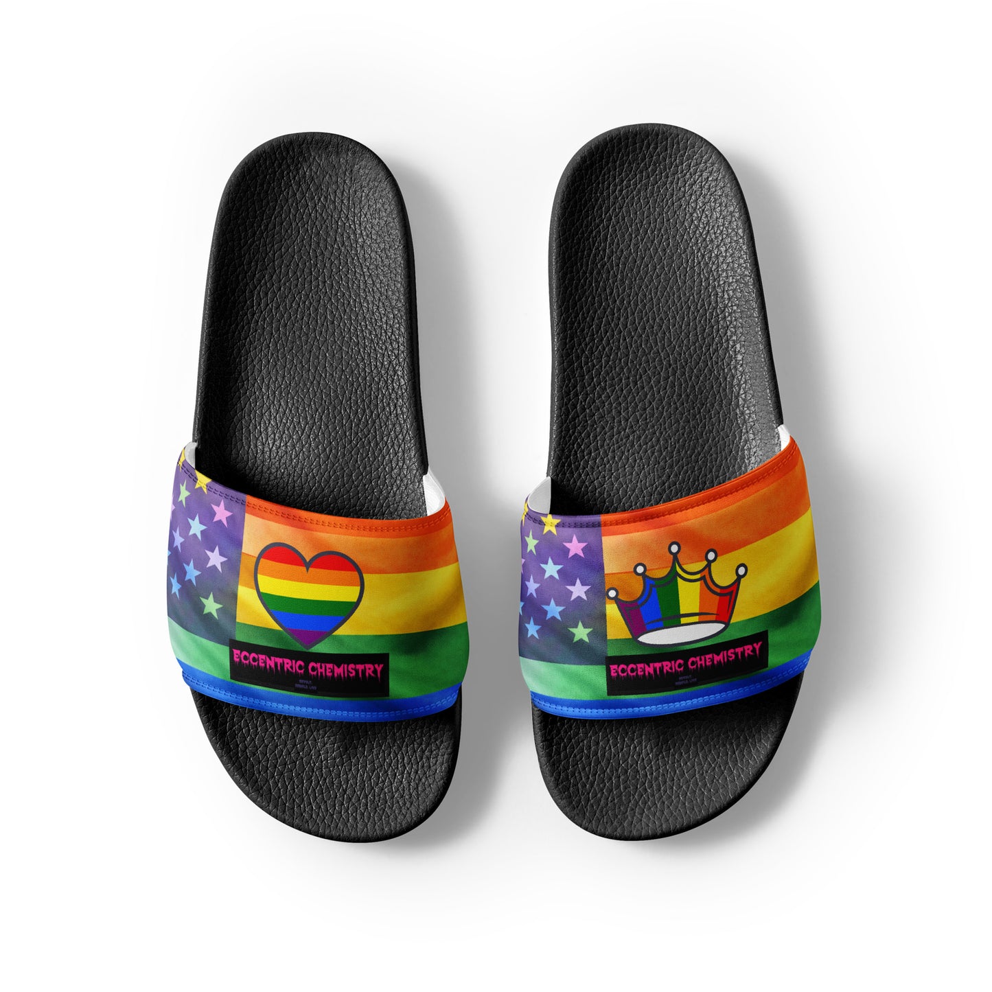 Men's black slide sandals from Eccentric Chemistry's Tiny Shop of T-Shirt Horrors, featuring front view and comfortable design.