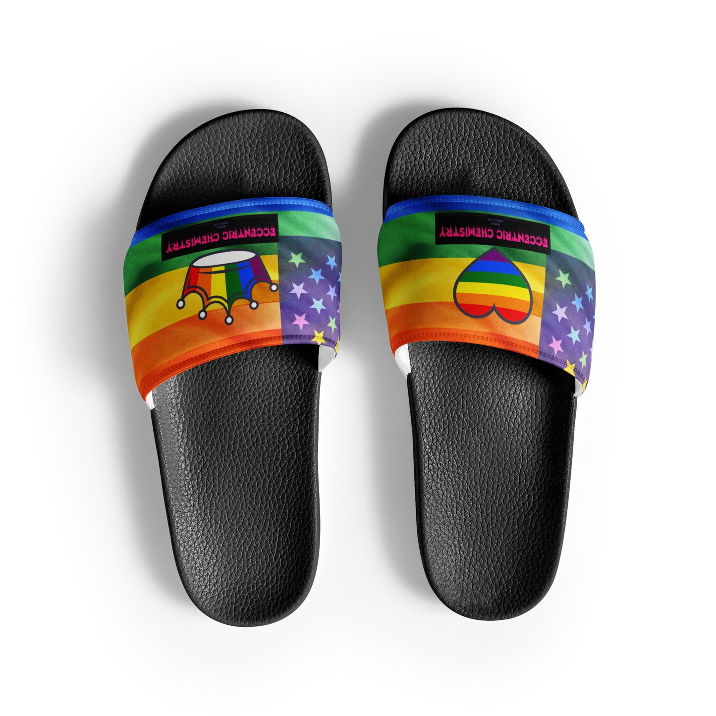 Black men's slides featuring the Pride-Field Resonance Study design from Eccentric Chemistry's Tiny Shop of T-Shirt Horrors.