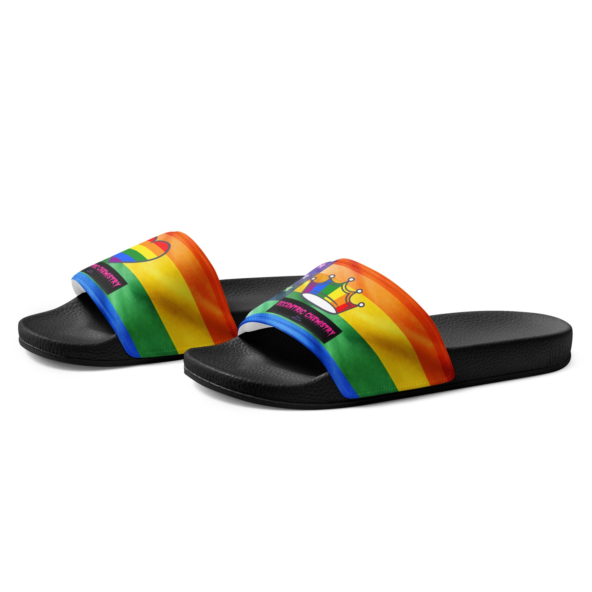 Black men's slide sandal from Eccentric Chemistry's Tiny Shop of T-Shirt Horrors, shown from the front left side.