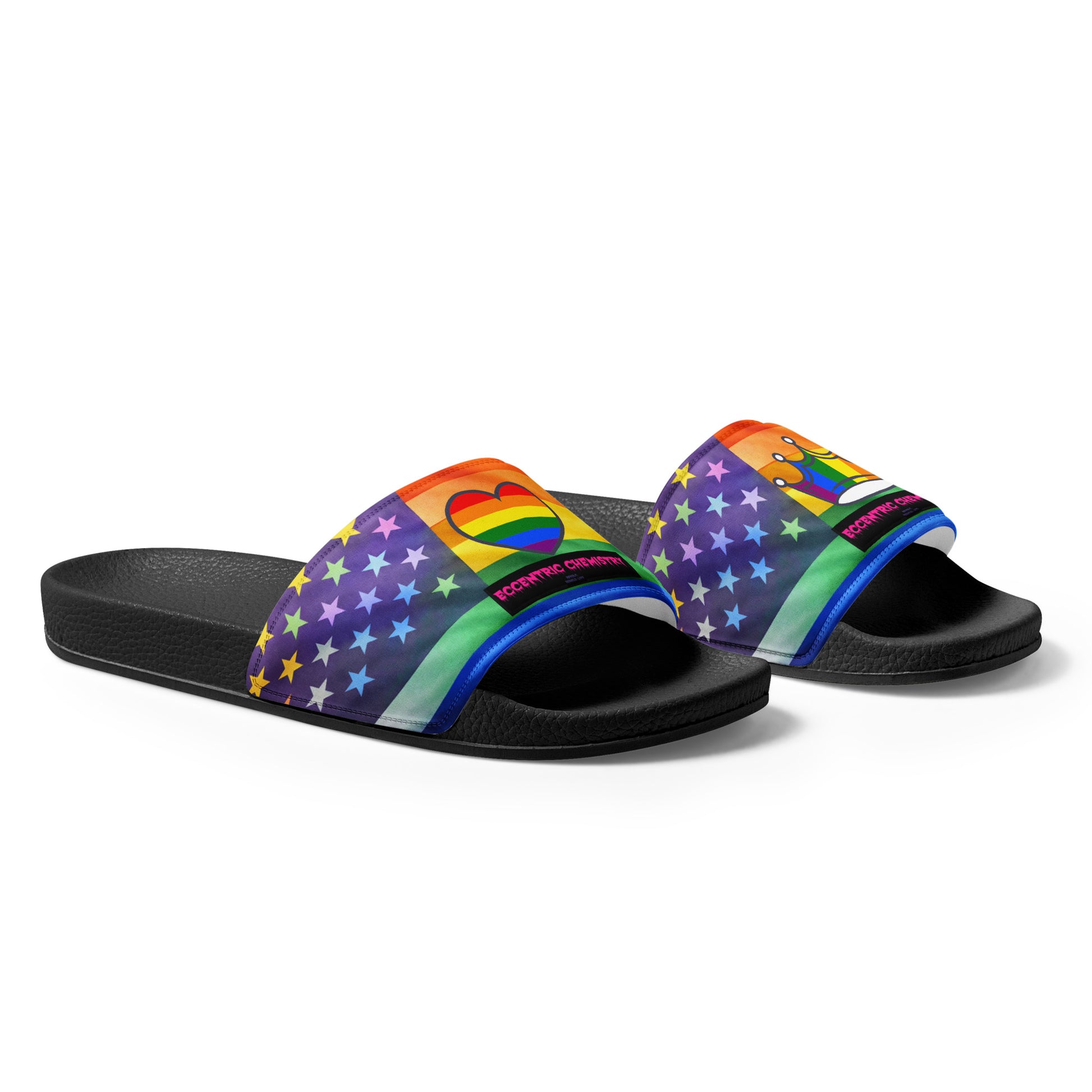 Men's black slide sandals featuring a right-front view, from Eccentric Chemistry's Tiny Shop of T-Shirt Horrors.