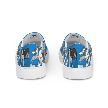 White men's slip-on canvas shoes from Eccentric Chemistry's Polar Pup Velocity Study Experiment collection, showing back view.