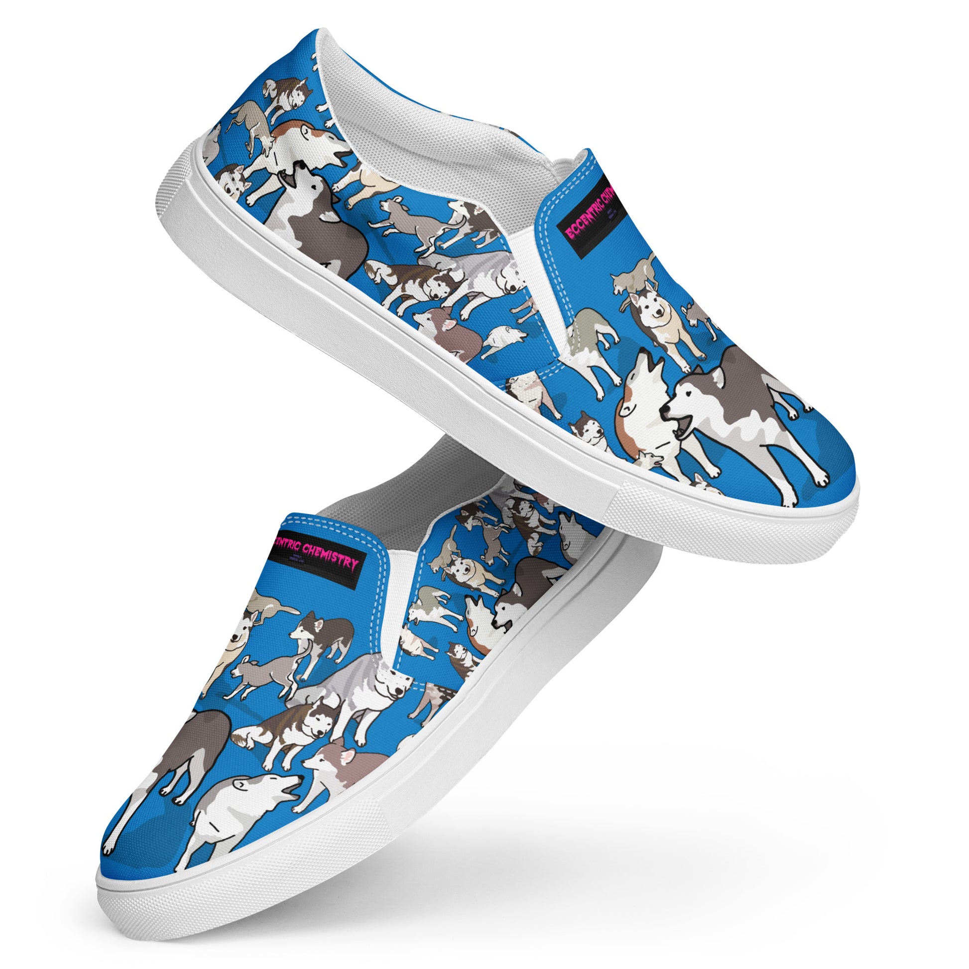 Men’s white slip-on canvas shoes from Eccentric Chemistry’s Polar Pup Velocity Study Experiment collection, front view.