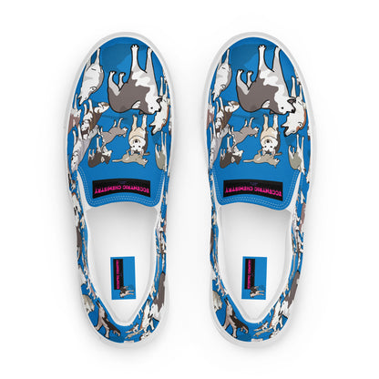 White men's slip-on canvas shoes by Eccentric Chemistry with a sleek front design, ideal for casual and stylish wear.
