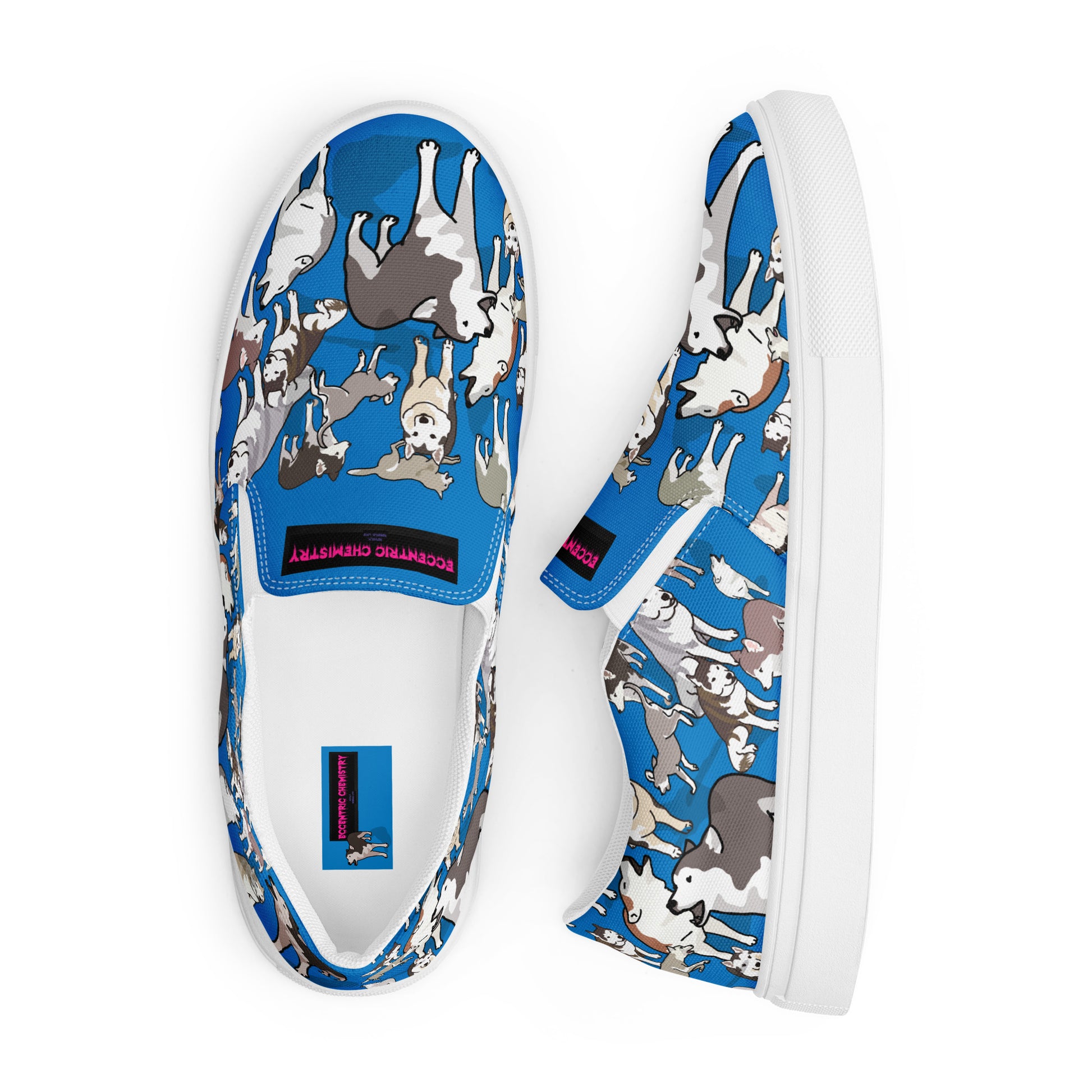 Men’s white slip-on canvas shoes by Eccentric Chemistry with a sleek front view, perfect for casual or stylish wear.