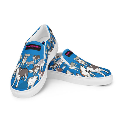 Men’s white slip-on canvas shoes by Eccentric Chemistry’s Laboratory of Strange & Stylish Things, shown from front-left view.