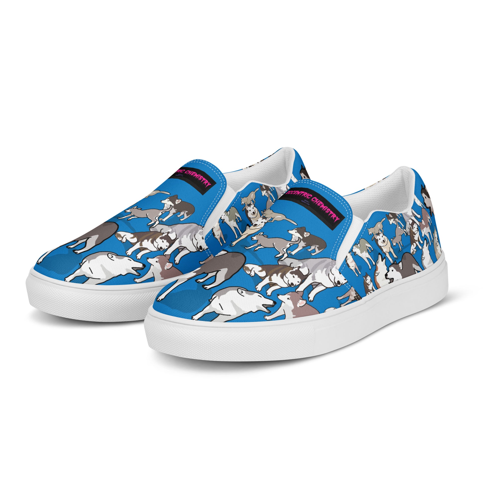 Men’s white slip-on canvas shoes from Eccentric Chemistry’s Polar Pup Velocity Study Experiment collection, shown from the front left.