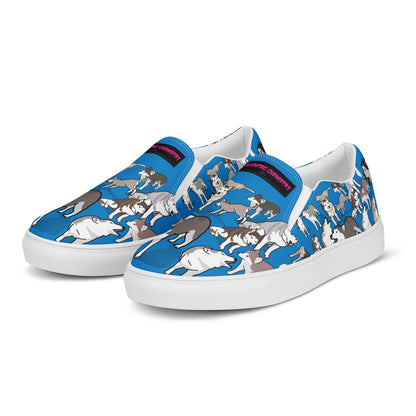 Men’s white slip-on canvas shoes from Eccentric Chemistry’s Polar Pup Velocity Study Experiment collection, shown from the front left.
