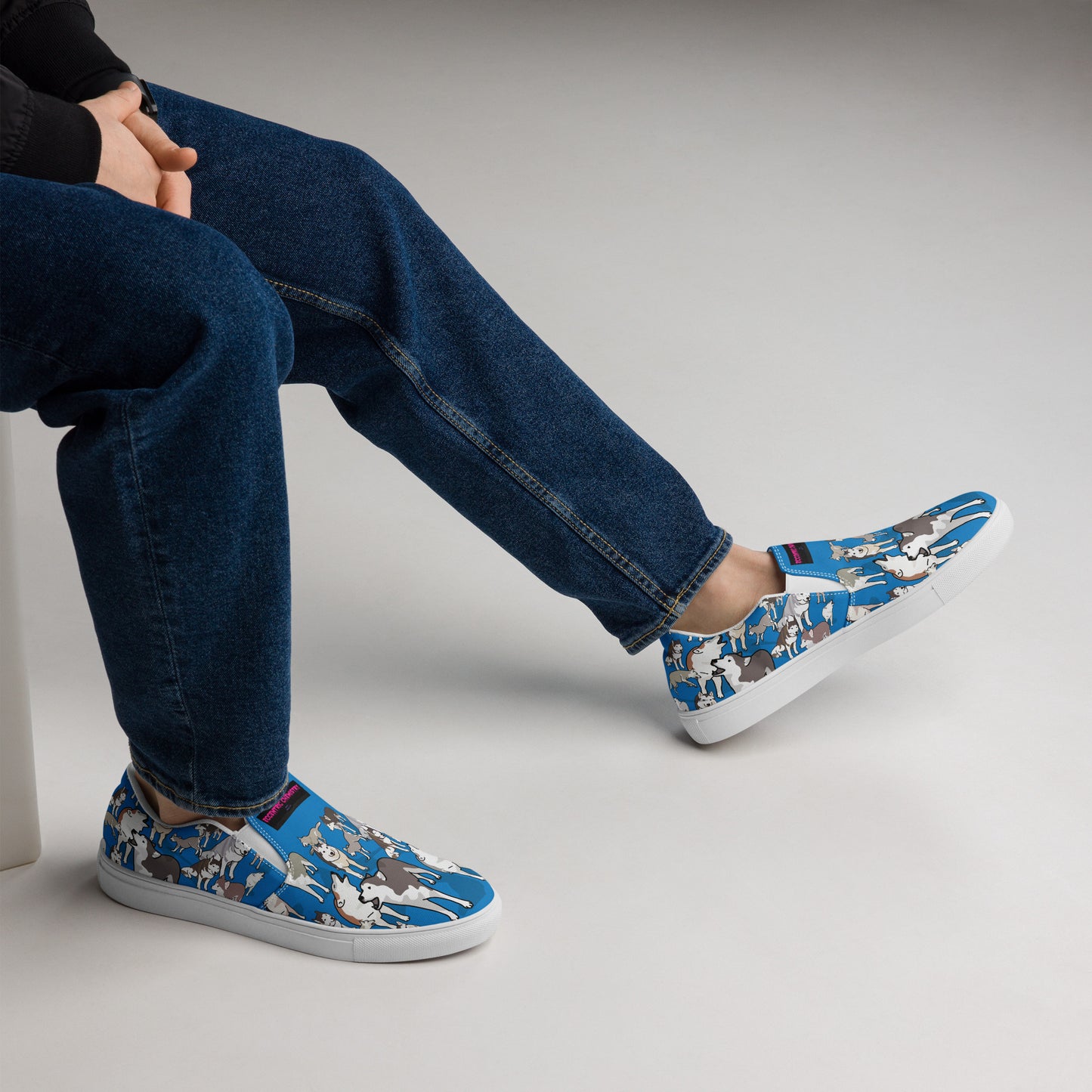 Men’s white slip-on canvas shoes from Eccentric Chemistry’s Polar Pup Velocity Study Experiment collection, shown from the right side.