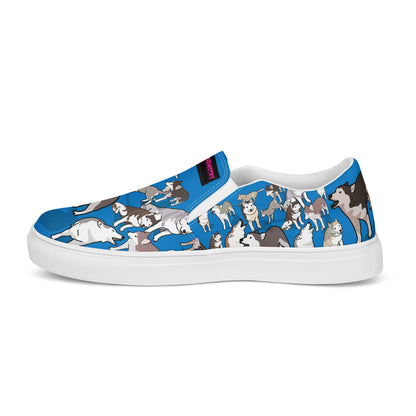 White men's slip-on canvas shoes from Eccentric Chemistry's Polar Pup Velocity Study Experiment, shown from the inside angle.