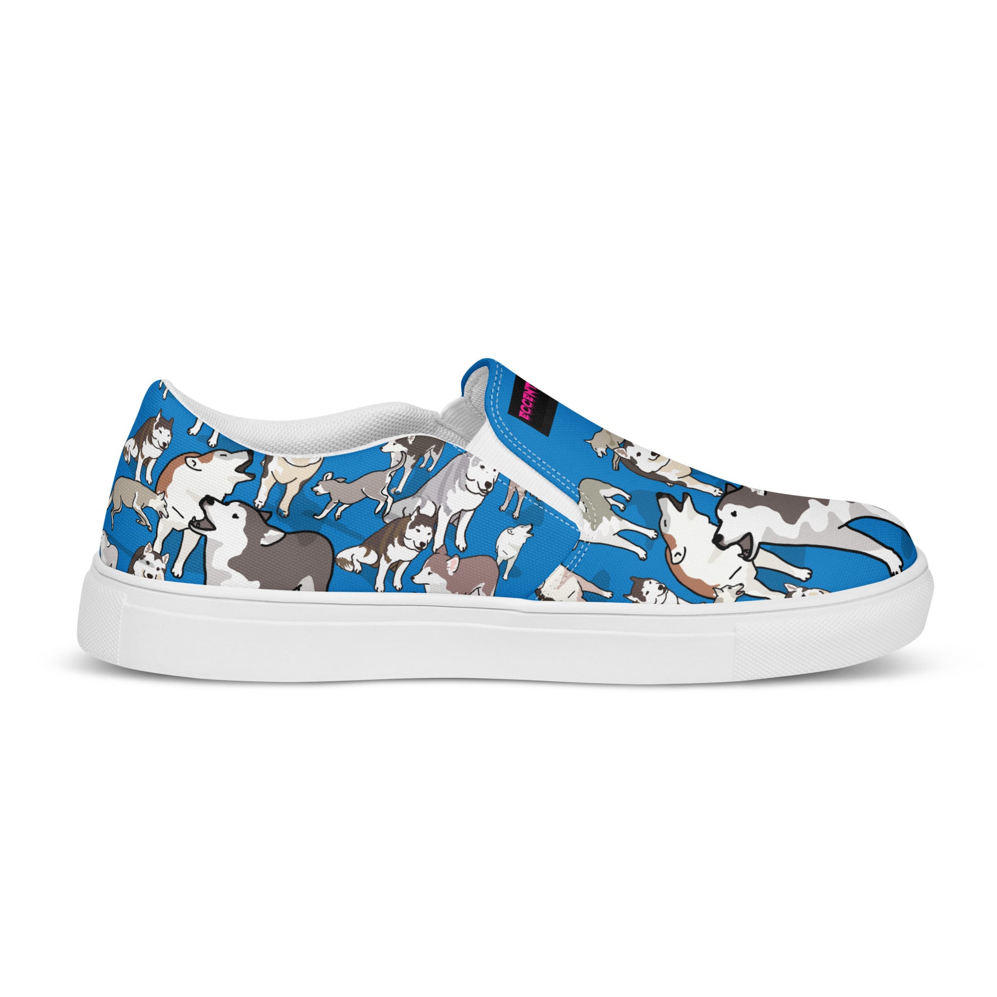 Men’s slip-on canvas shoes by Eccentric Chemistry, white with stylish design, shown from the right outside view.