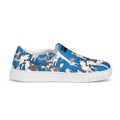 Men’s slip-on canvas shoes by Eccentric Chemistry, white with stylish design, shown from the right outside view.