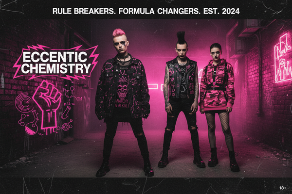 Pink and black-themed clothing featuring dark humor designs from Eccentric Chemistry's Tiny Shop of T-Shirt Horrors collection.
