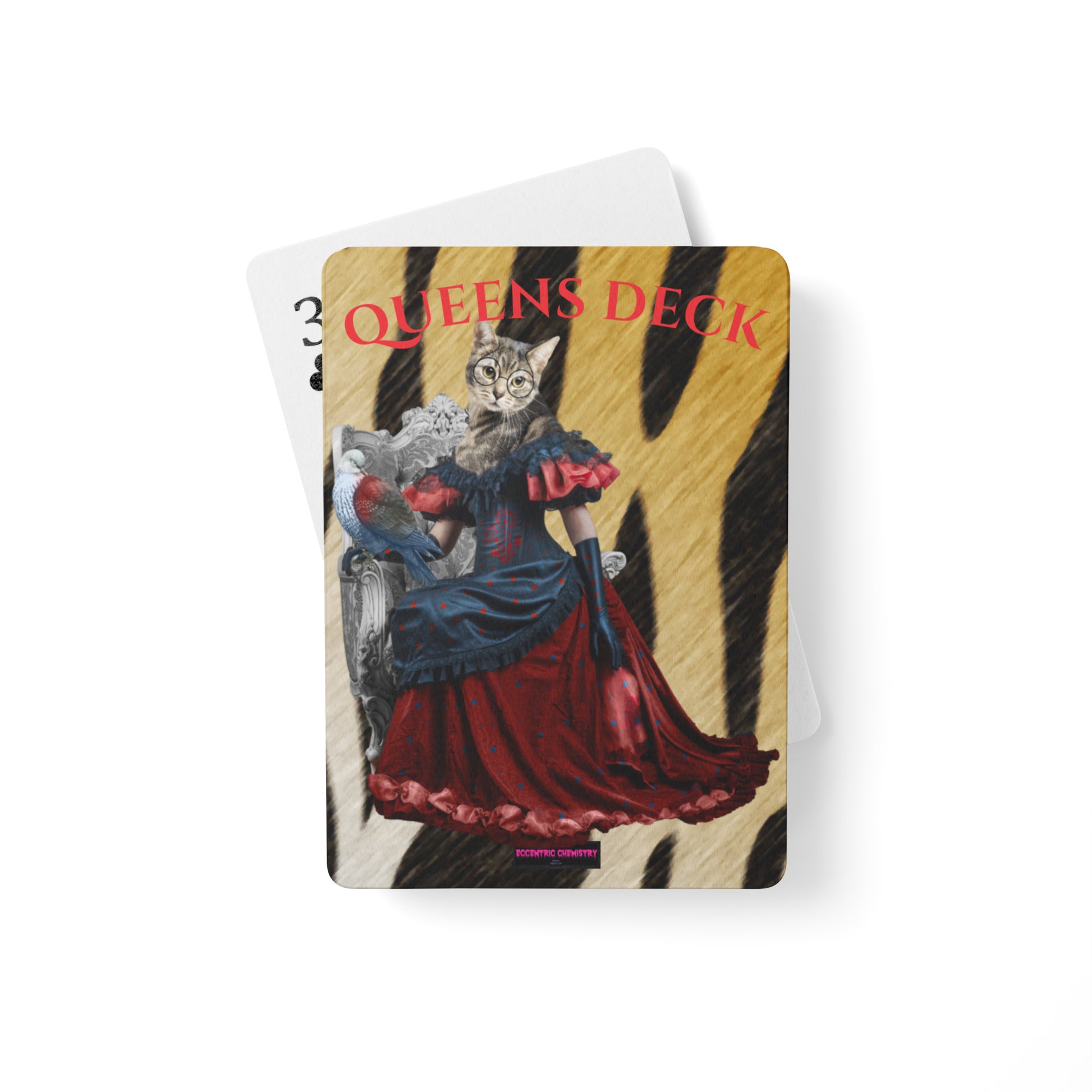 Front of a Queens deck poker playing cards postcard featuring stylized queen illustrations from Eccentric Chemistry’s Wildstripe Oracle Experiment.