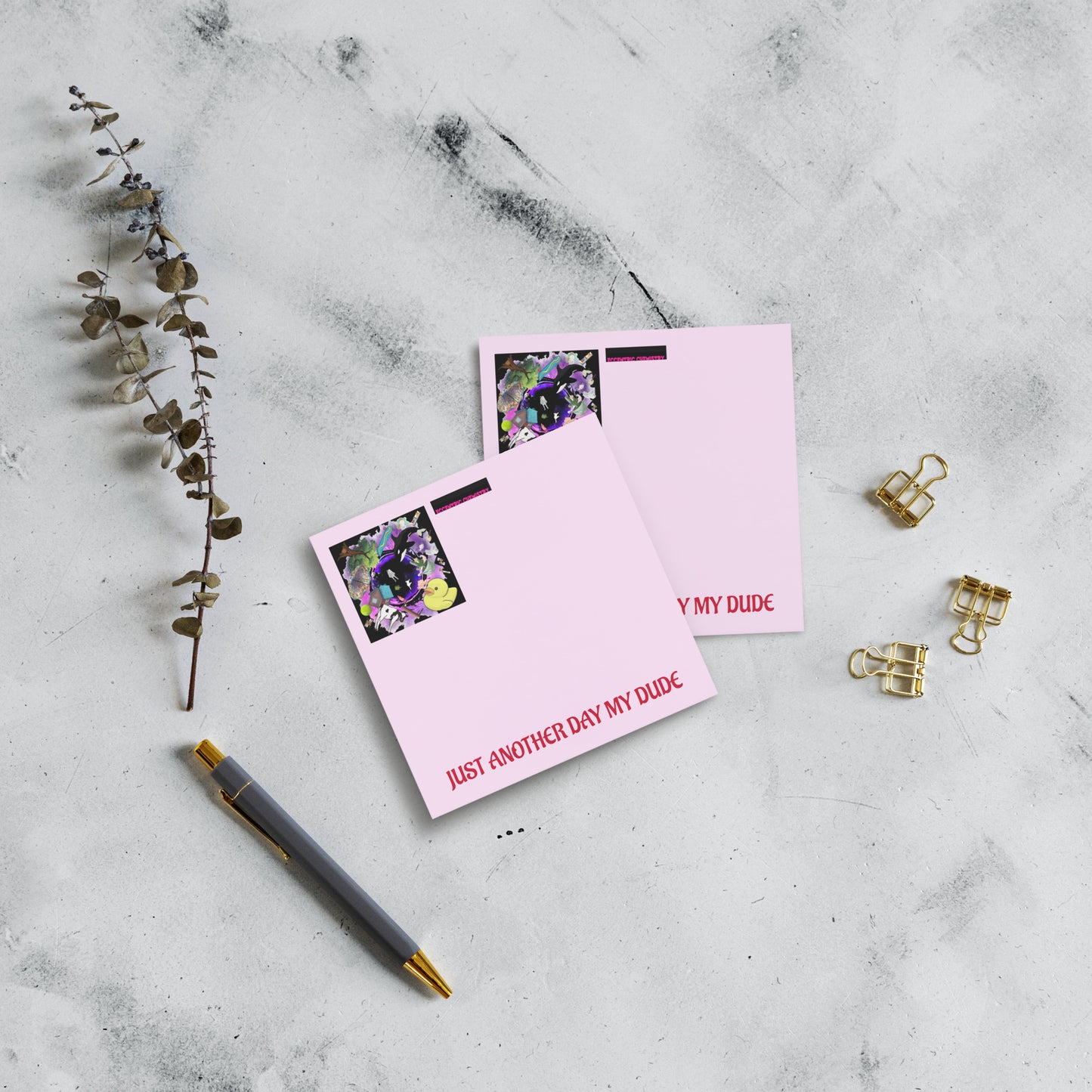 Eccentric Chemistry's Stellar Collapse Pink Nebula experiment postcard featuring vibrant pink and cosmic-themed design on a 4x4 note pad.