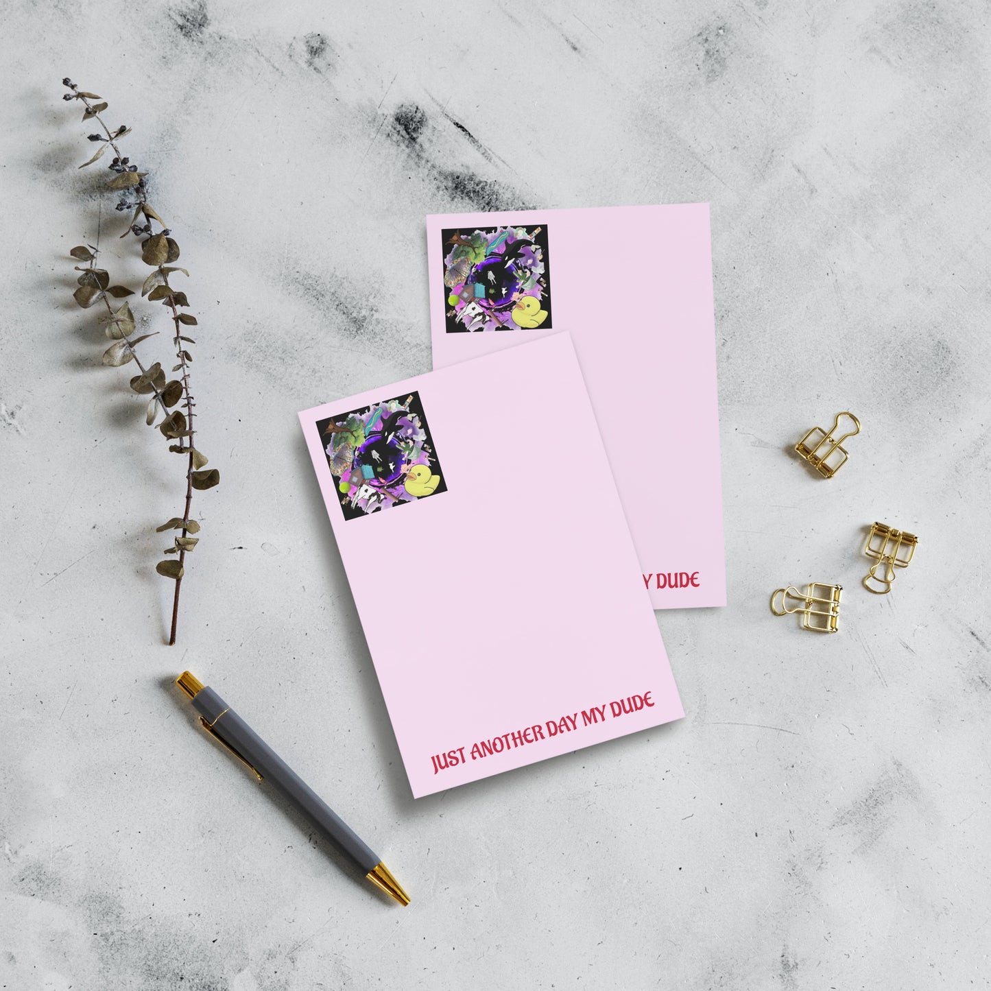 Pink nebula experiment note pad postcard from Eccentric Chemistry’s Laboratory of Strange & Stylish Things, featuring stellar collapse design.