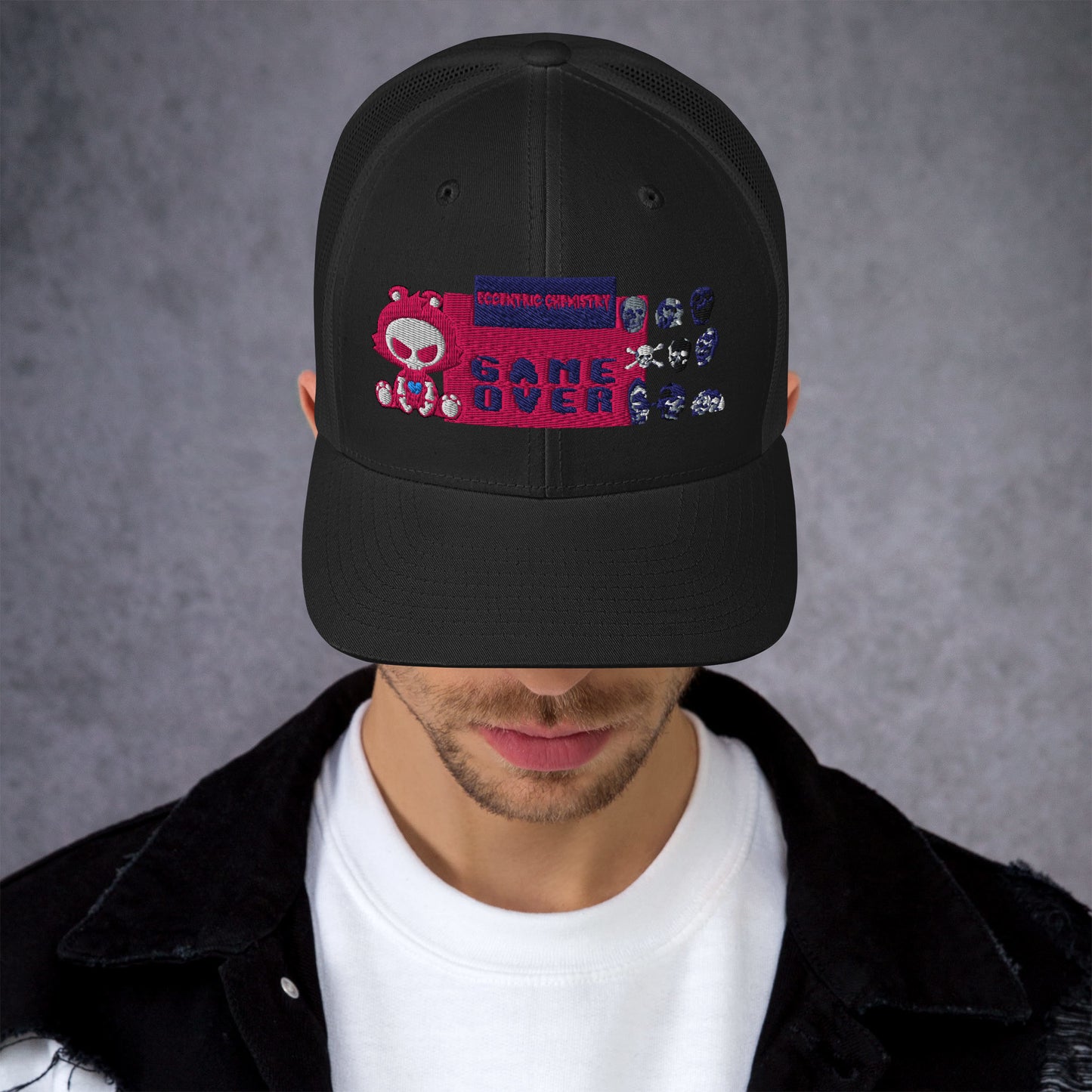 Black pixel panic experiment trucker cap with front logo, vintage style, by Eccentric Chemistry's Tiny Shop of T-Shirt Horrors