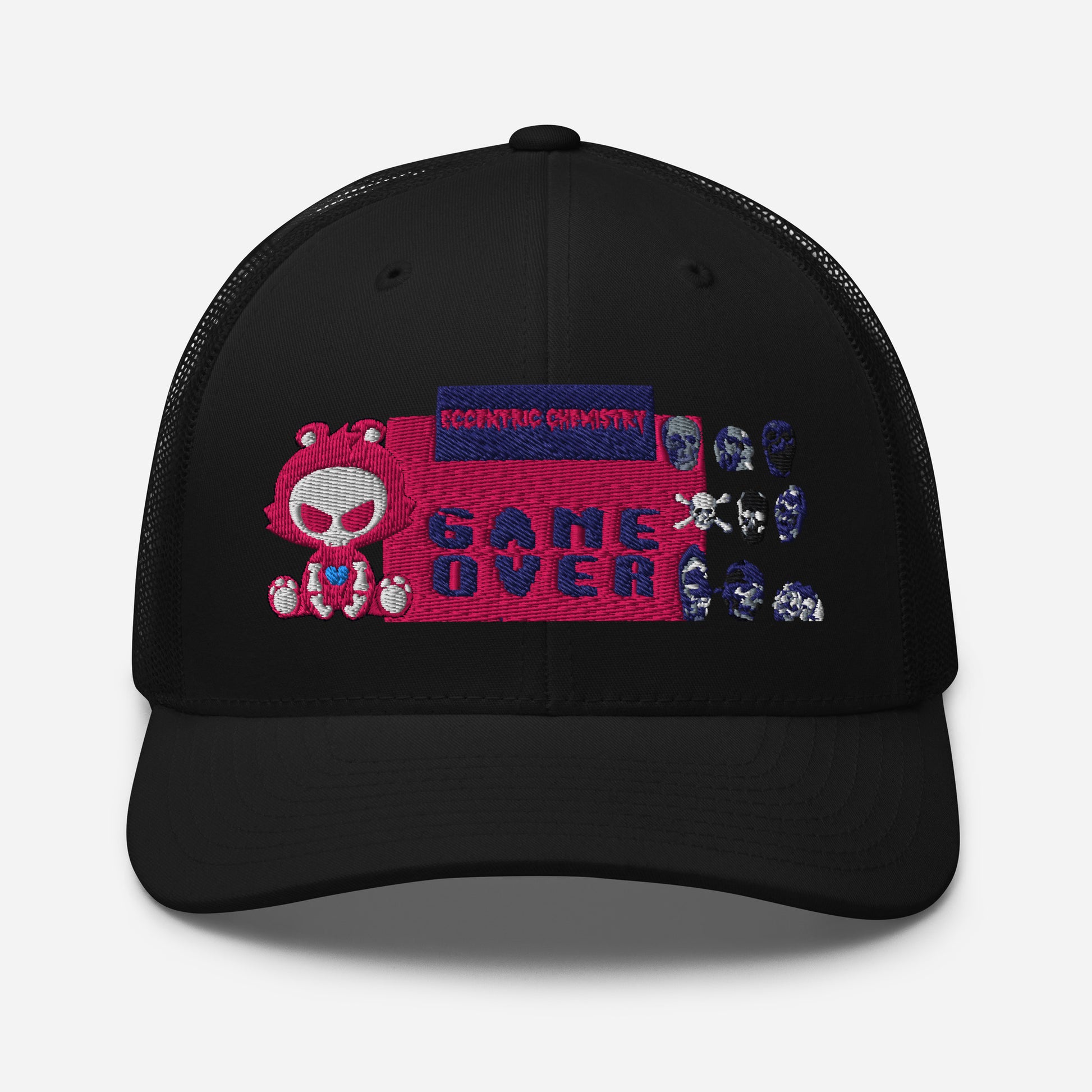 Black Trucker Cap featuring Pixel Panic Experiment logo, casual retro-style hat with mesh back and front design.