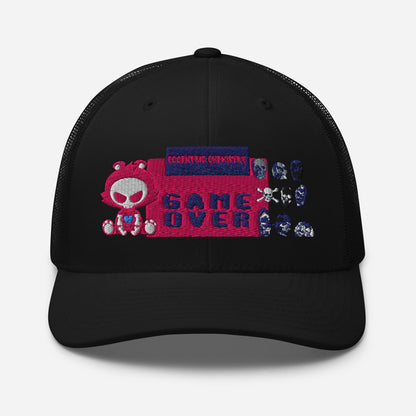 Black Trucker Cap featuring Pixel Panic Experiment logo, casual retro-style hat with mesh back and front design.