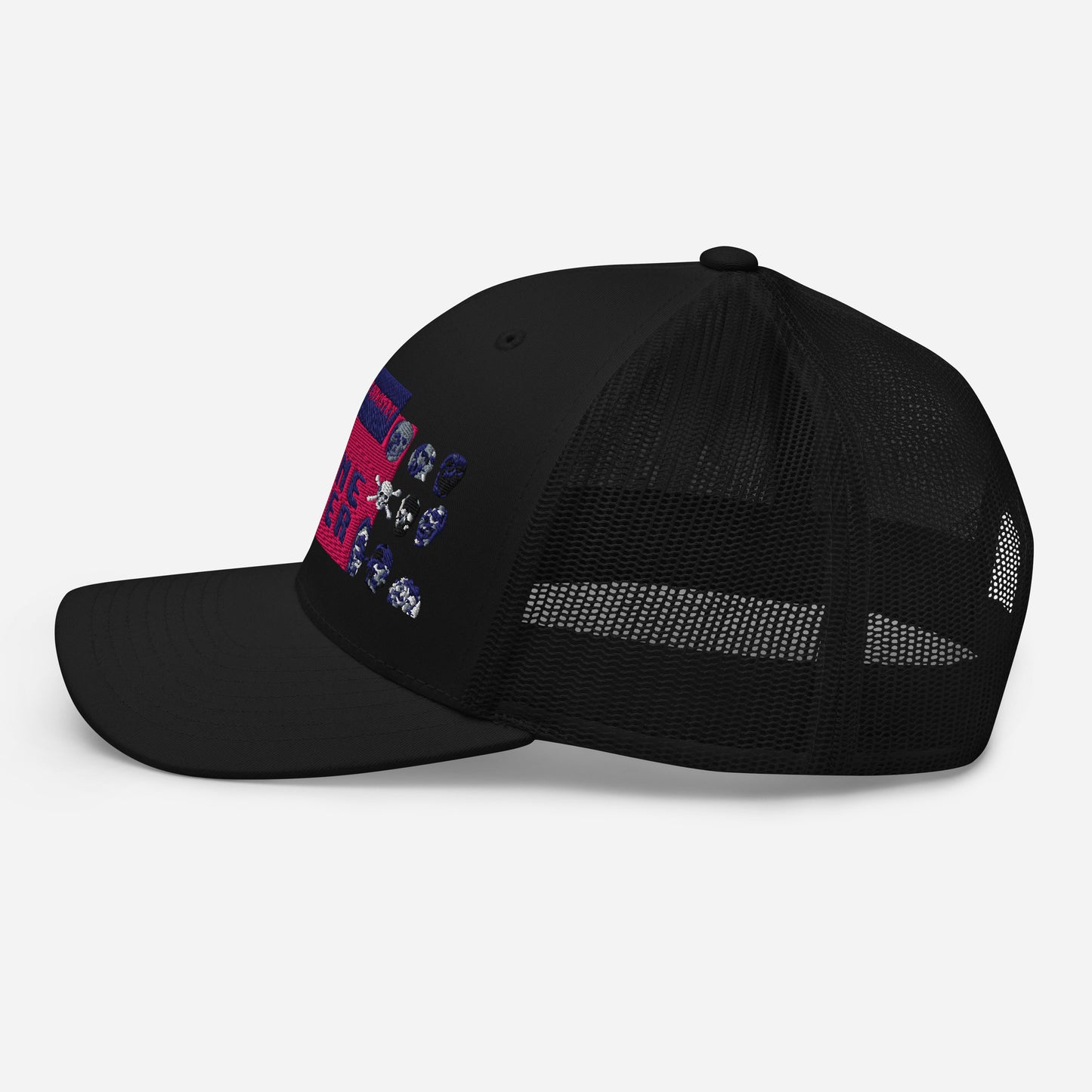 Black trucker cap featuring Pixel Panic Experiment design by Eccentric Chemistry, with retro-style mesh and front graphic.