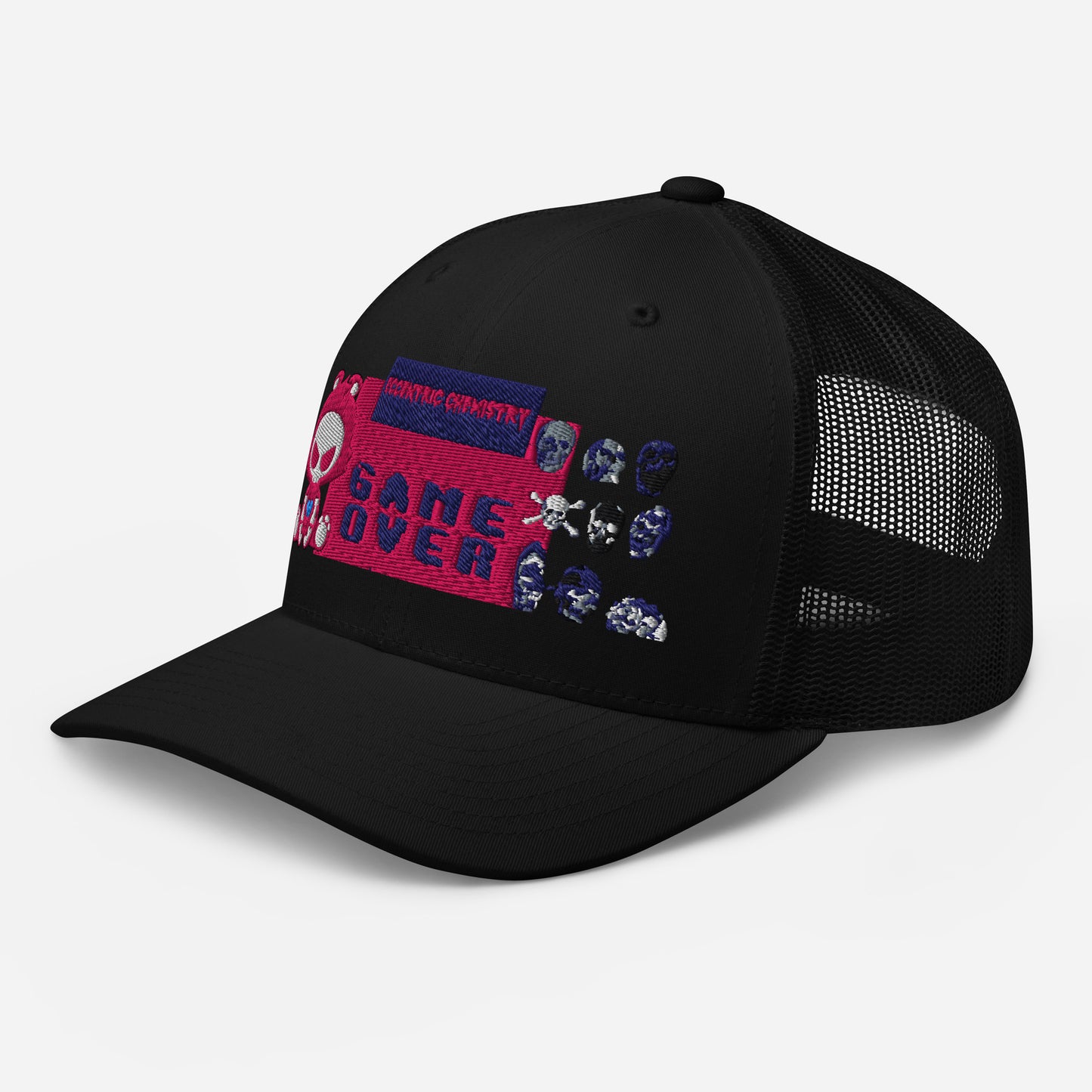 Black trucker cap featuring Pixel Panic Experiment design from Eccentric Chemistry's Tiny Shop of T-Shirt Horrors, shown from left front angle.