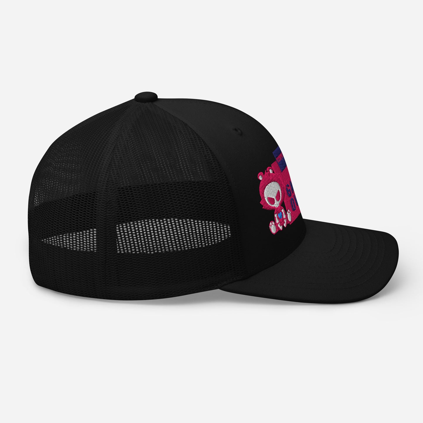 Black trucker cap featuring Pixel Panic Experiment design from Eccentric Chemistry's T-Shirt Horrors collection.