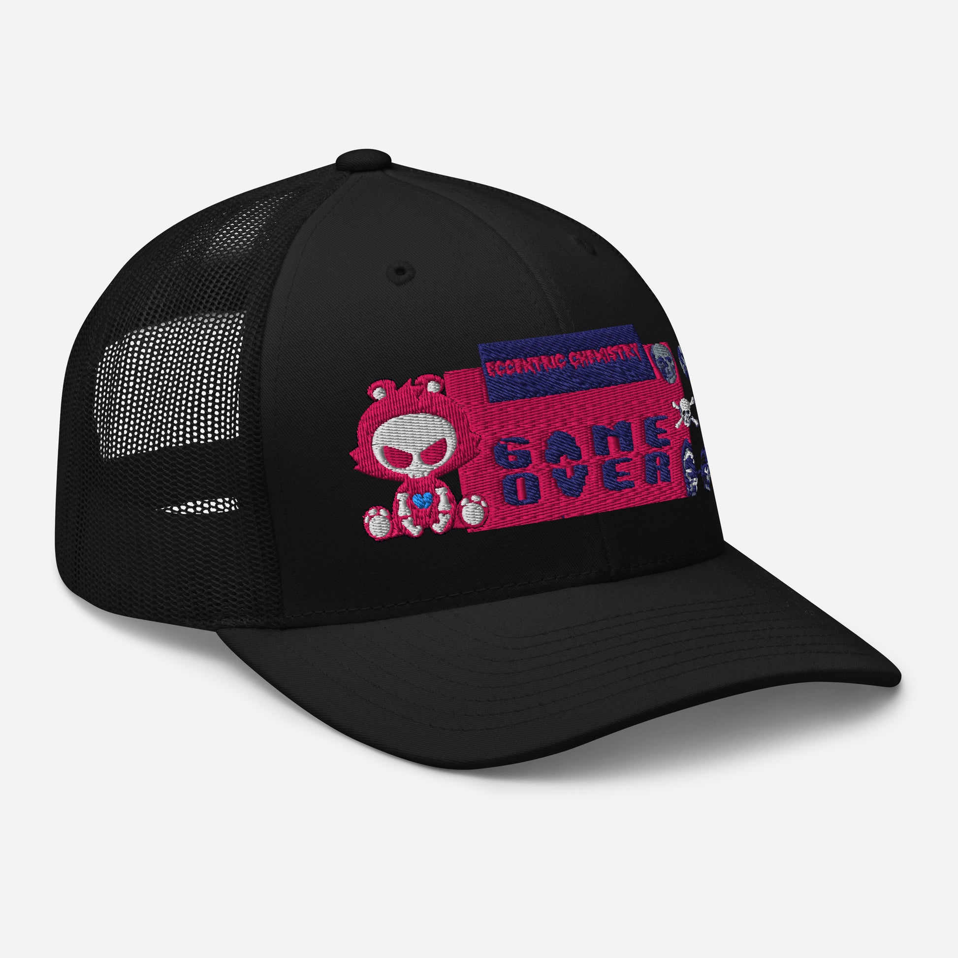 Black trucker cap featuring Pixel Panic Experiment design from Eccentric Chemistry's Tiny Shop of T-Shirt Horrors, shown from the right front view.