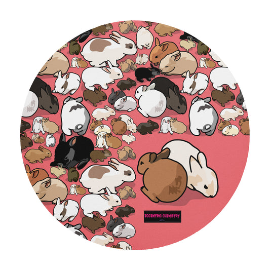 Round white mouse pad featuring a bunny thought loop experiment design, sublimation print by Eccentric Chemistry’s Laboratory.