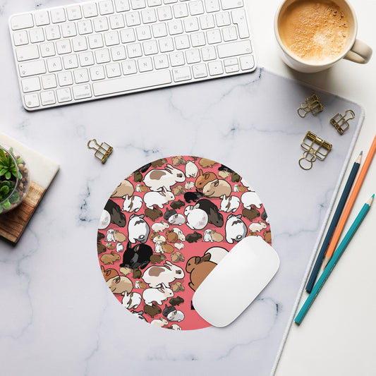 Round white mouse pad with bunny thought loop experiment design for sublimation, from Eccentric Chemistry’s Laboratory of Strange & Stylish Things.