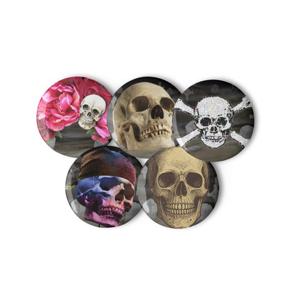 Set of Eccentric Chemistry skull and shadow phenomenon pin buttons, featuring stylish, spooky sticker designs on white backgrounds.