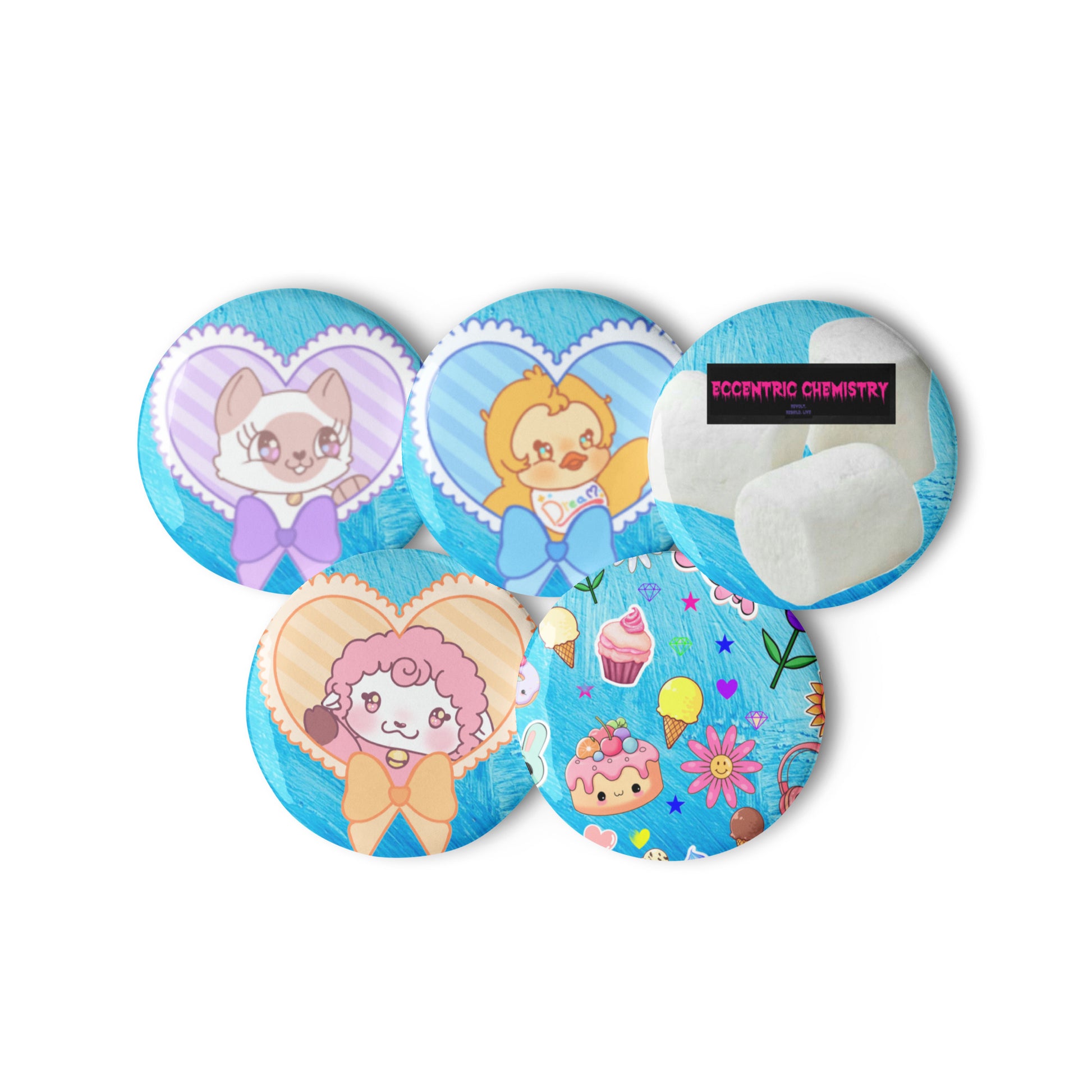 Set of dessert-themed critter pin buttons from Eccentric Chemistry's Tiny Shop of T-Shirt Horrors, featuring whimsical character designs.