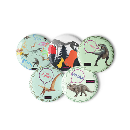 Set of prehistoric poison-spit cutie pin buttons featuring colorful cartoon designs on white background, by Eccentric Chemistry.