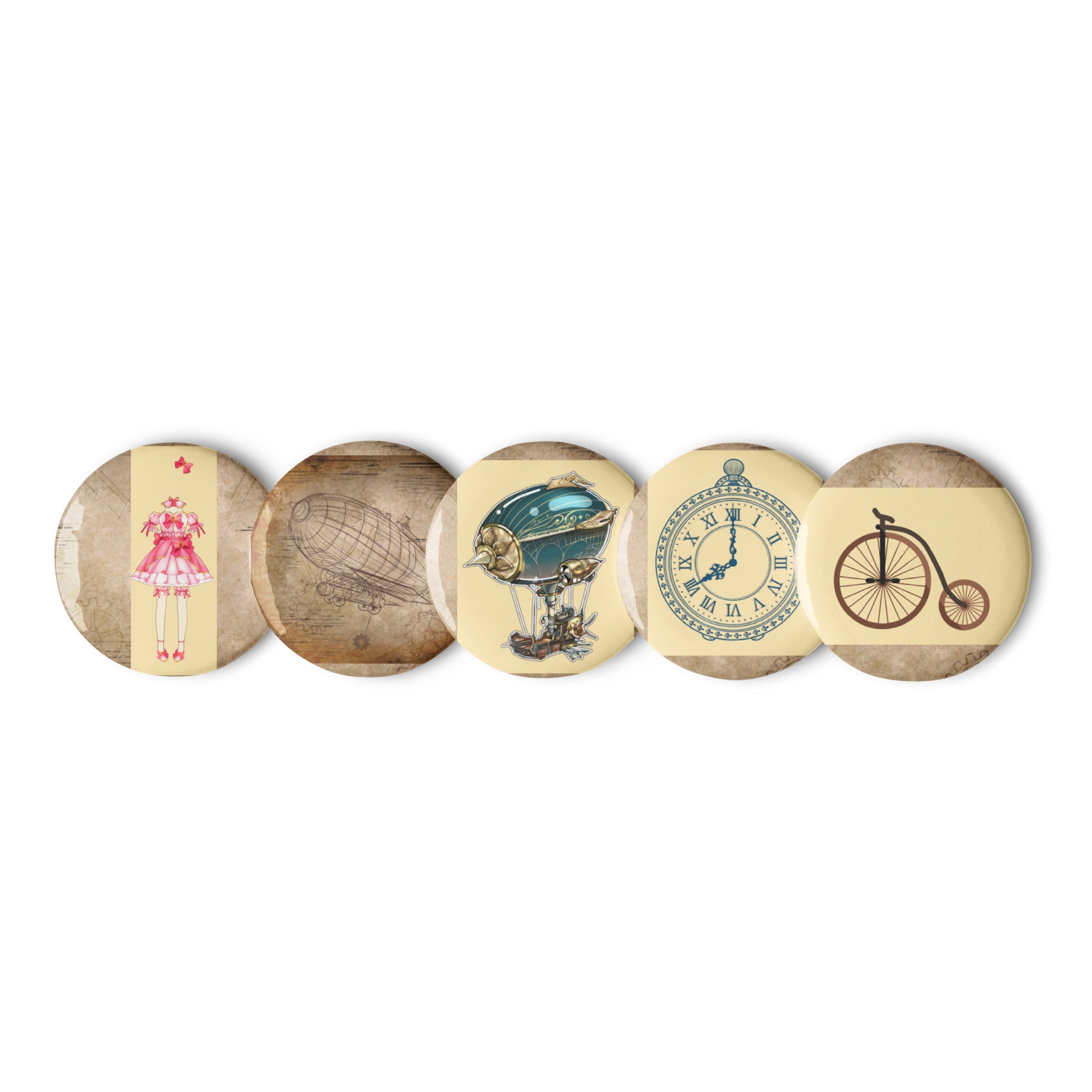 Set of white Draft-Shift Pattern Mapping buttons from Eccentric Chemistry's Tiny Shop of T-Shirt Horrors, shown front view.