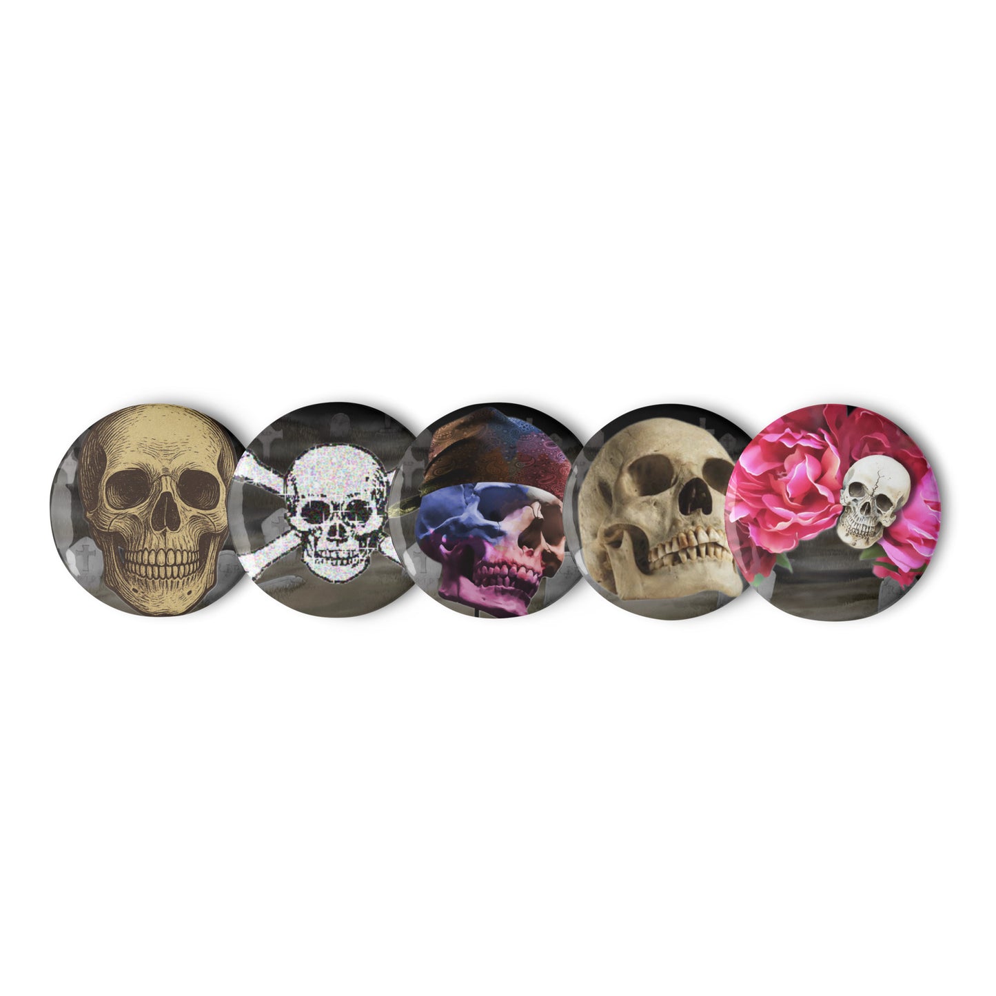 Set of Eccentric Chemistry skull and shadow themed pin buttons featuring unique, stylish sticker designs on a white background.
