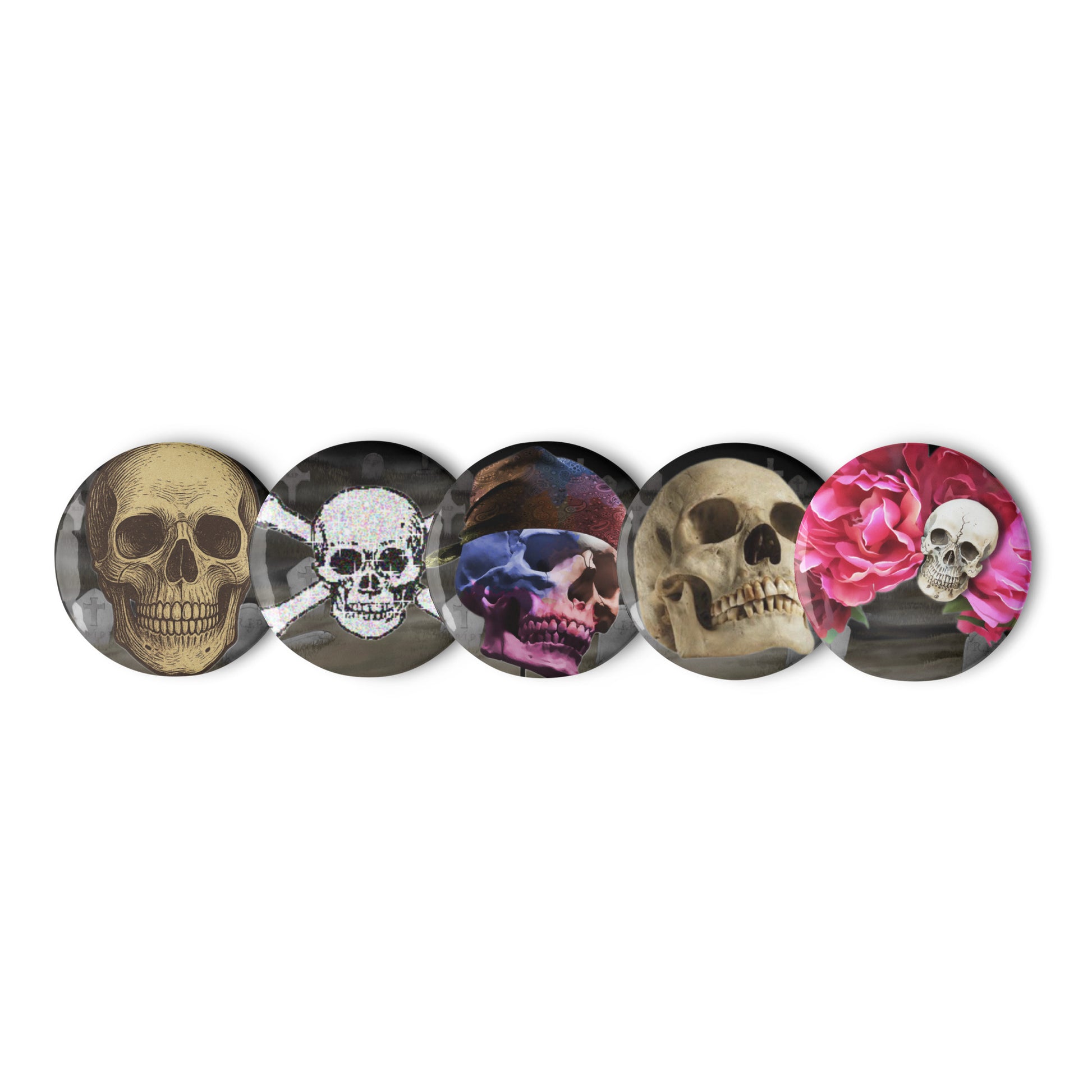 Set of Eccentric Chemistry skull and shadow themed pin buttons featuring unique, stylish sticker designs on a white background.