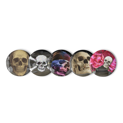 Set of Eccentric Chemistry skull and shadow themed pin buttons featuring unique, stylish sticker designs on a white background.