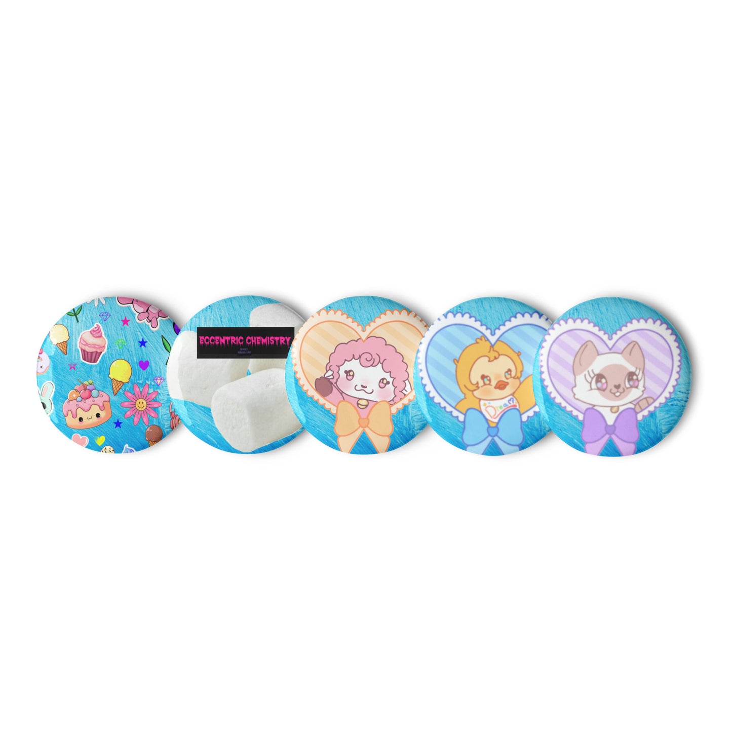 Set of dessert-dwelling critter pin buttons by Eccentric Chemistry's Tiny Shop, featuring cute, colorful animal designs on white backgrounds.
