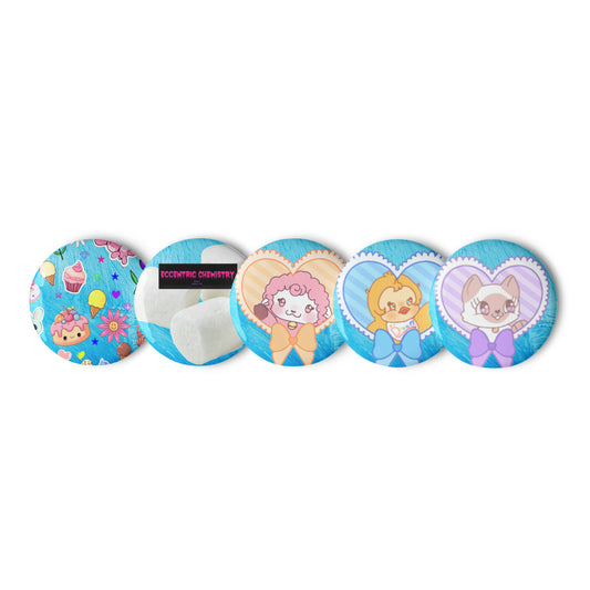 Set of dessert-dwelling critter pin buttons by Eccentric Chemistry's Tiny Shop, featuring cute, colorful animal designs on white backgrounds.