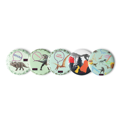 Set of prehistoric poison-spit cutie pin buttons by Eccentric Chemistry with white backgrounds and detailed front designs.