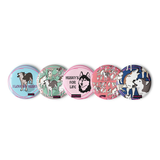 Set of Eccentric Chemistry's Pin Buttons featuring colorful husky and wave designs, displayed on a white background.