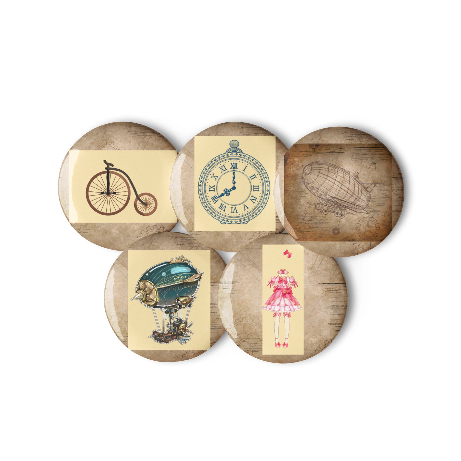 Set of white Draft‑Shift Pattern Mapping buttons by Eccentric Chemistry's Tiny Shop, featuring front view with detailed designs.