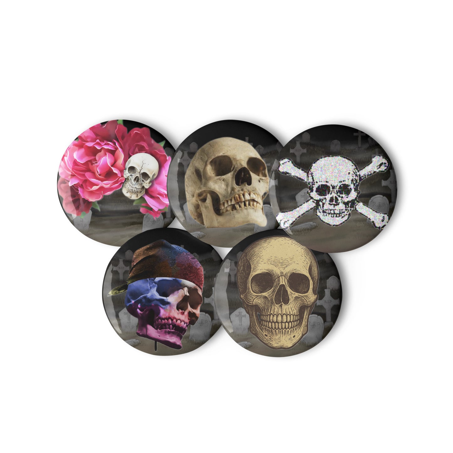 Set of skull and shadow-themed pin button stickers from Eccentric Chemistry’s Laboratory of Strange & Stylish Things, featuring white backgrounds.