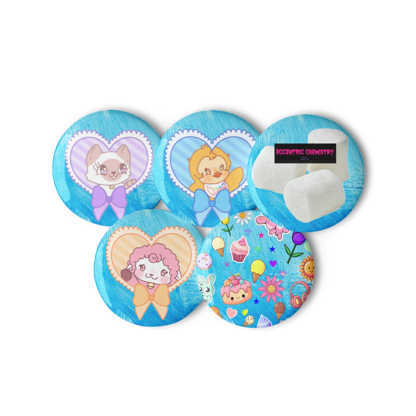 Set of dessert-themed critter pin buttons from Eccentric Chemistry's Tiny Shop of T-Shirt Horrors, featuring white background and playful designs.