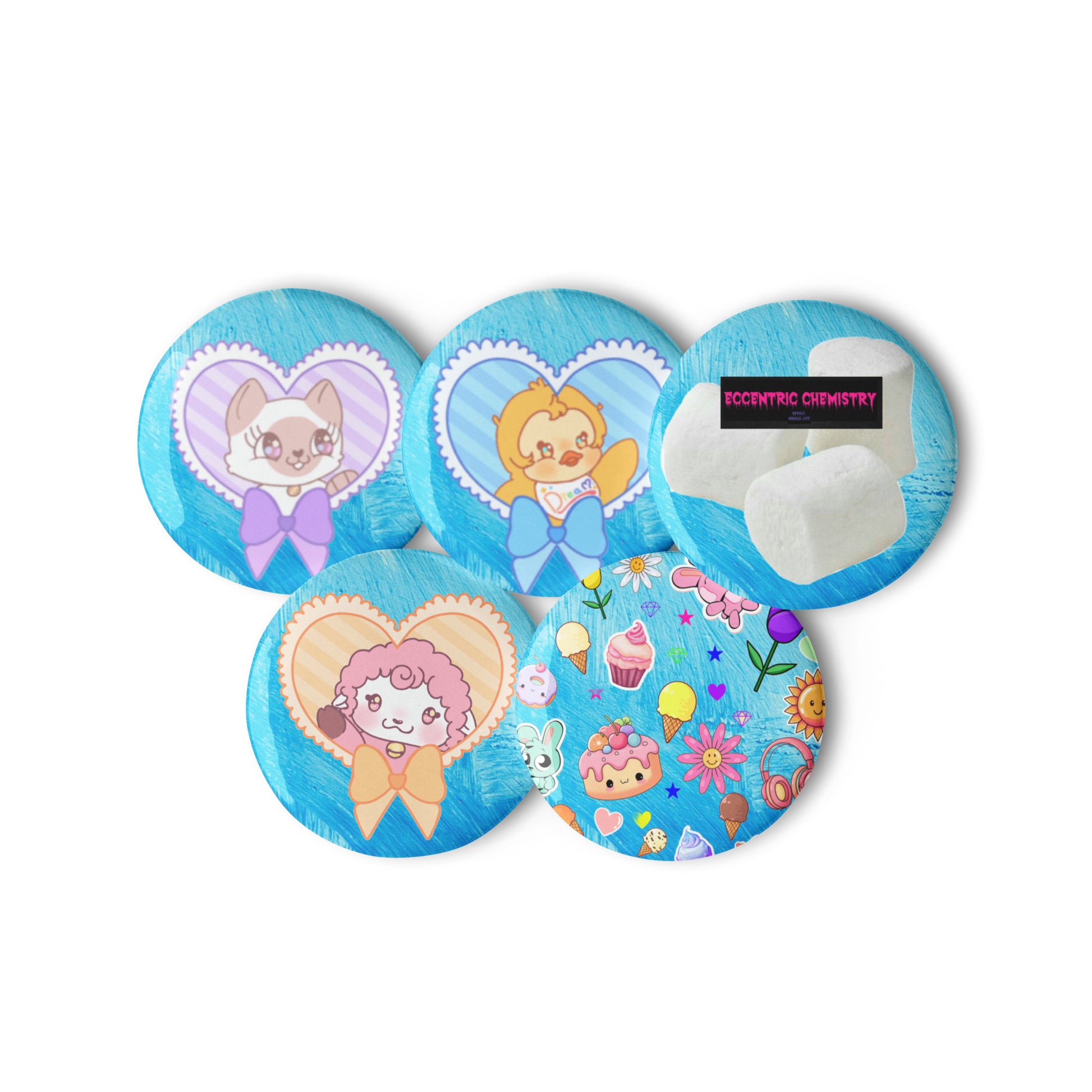 Set of dessert-themed critter pin buttons from Eccentric Chemistry's Tiny Shop of T-Shirt Horrors, featuring white background and playful designs.