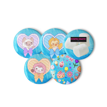 Set of dessert-themed critter pin buttons from Eccentric Chemistry's Tiny Shop of T-Shirt Horrors, featuring white background and playful designs.