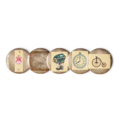 Set of white Draft-Shift Pattern Mapping Buttons from Eccentric Chemistry's Tiny Shop of T-Shirt Horrors, featuring front view and 2.25-inch size.