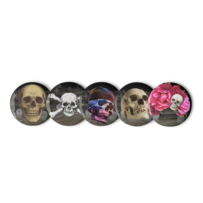 Set of Eccentric Chemistry skull and shadow phenomena experiment pin buttons, featuring white background and stylish, scientific designs.