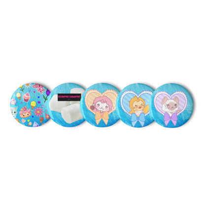 Set of dessert-themed critter pin buttons from Eccentric Chemistry's Tiny Shop of T-Shirt Horrors, featuring white background and various designs.