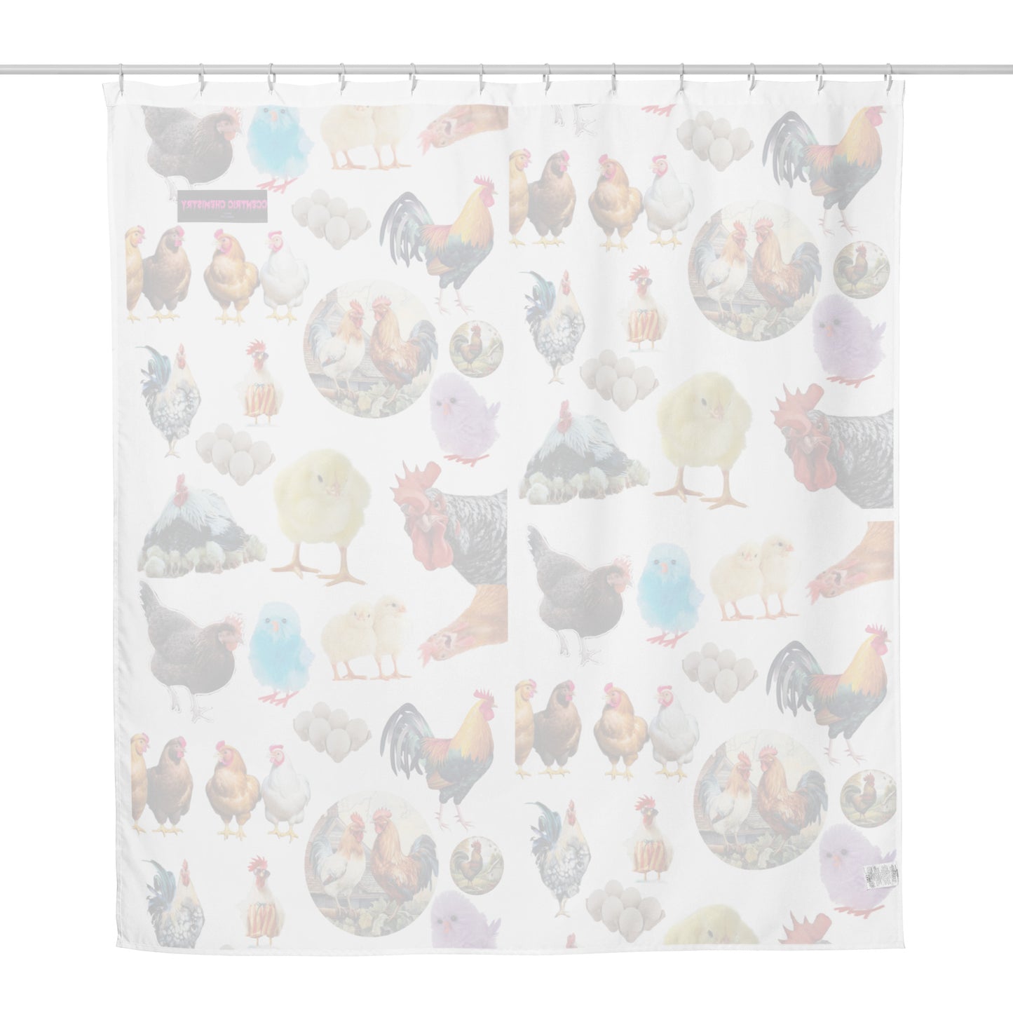 See-through shower curtain featuring chicken sanctuary design, sublimation print, from Eccentric Chemistry’s Laboratory of Strange & Stylish Things.