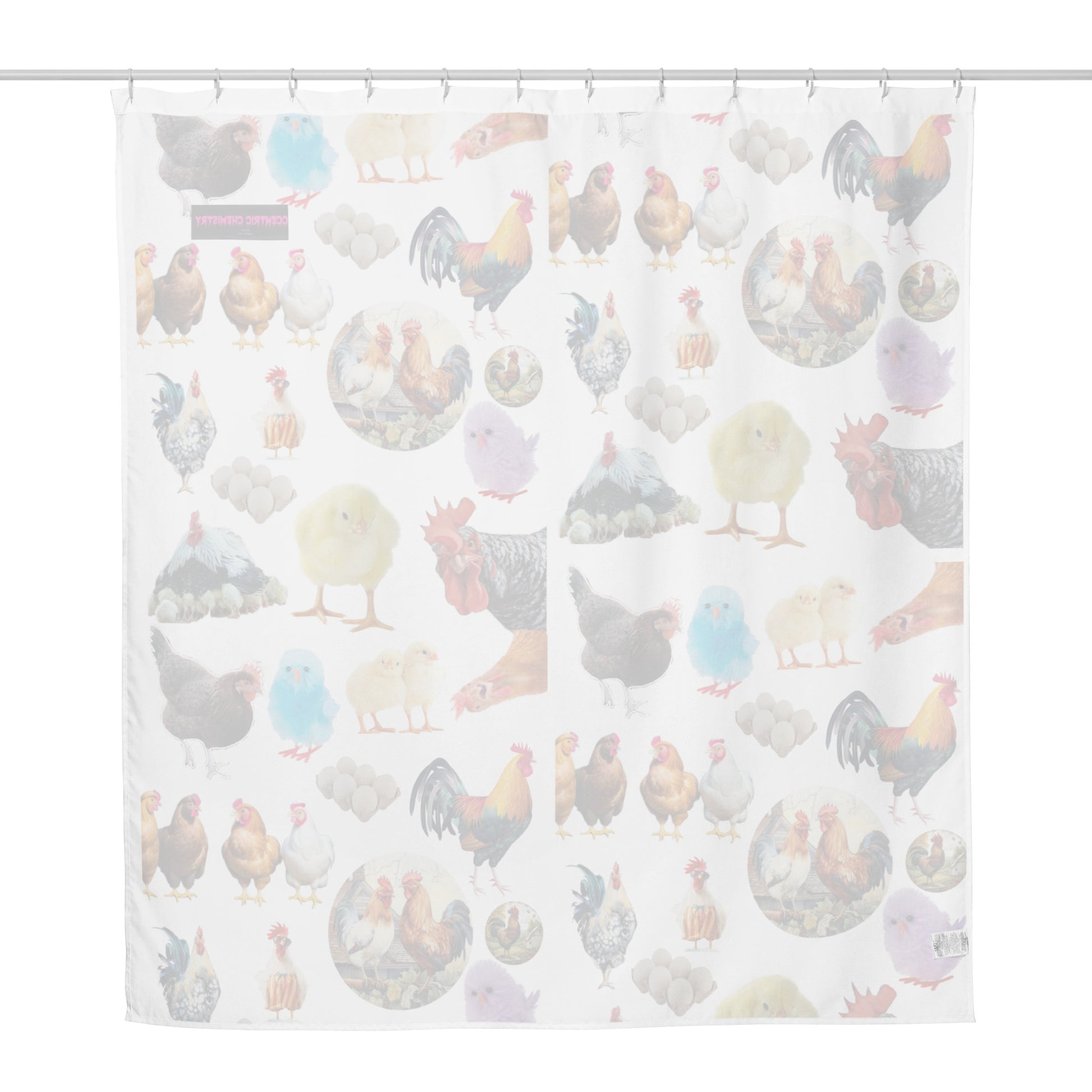 See-through shower curtain featuring chicken sanctuary design, sublimation print, from Eccentric Chemistry’s Laboratory of Strange & Stylish Things.