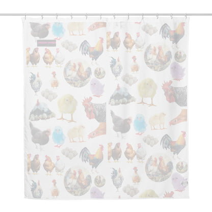 See-through shower curtain featuring chicken sanctuary design, sublimation print, from Eccentric Chemistry’s Laboratory of Strange & Stylish Things.
